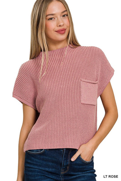 Stylish Crop Pocket Sweater with mock neckline and short sleeves, perfect for fall layering. Ideal with jeans or booties.