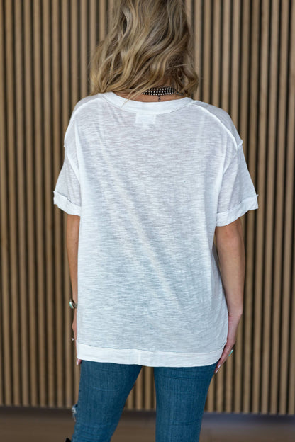 Raw Edge Detail Cotton V Neck Top