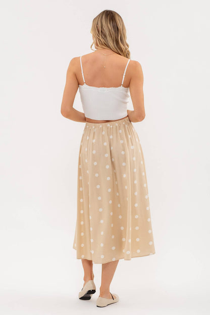 Stylish POLKA DOT BUTTON DOWN MIDI SKIRT featuring an elasticized back waist and non-functional buttons for a chic look.