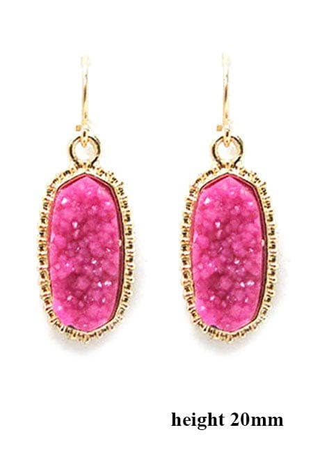 Stylish Druzy Stone Oval Hexagon Drop Earrings in goldtone, perfect for adding fun to any outfit.