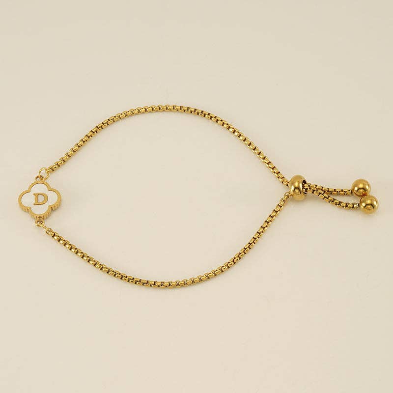 Initial Letter Four Leaf Clover Bracelet in Stainless Steel