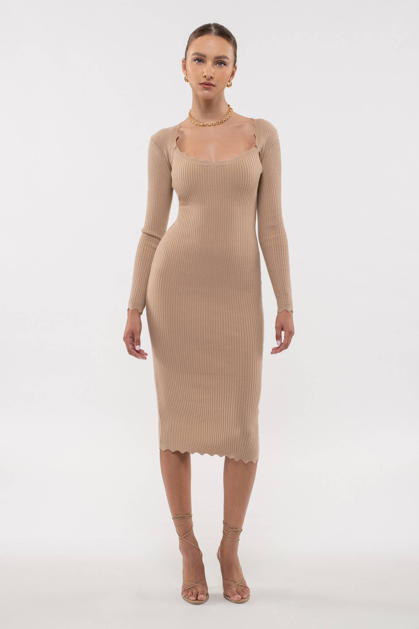SCALLOP HEM RIB KNIT BODYCON DRESS