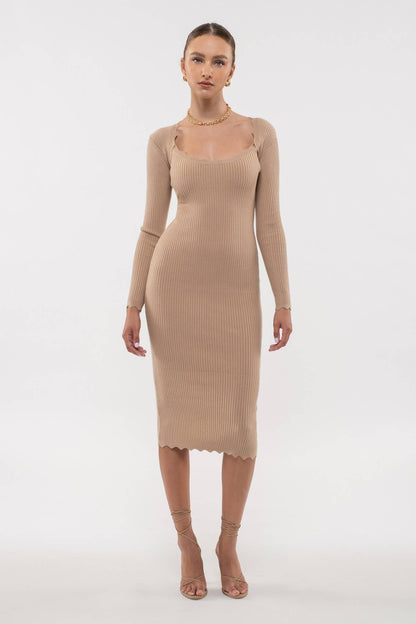 SCALLOP HEM RIB KNIT BODYCON DRESS