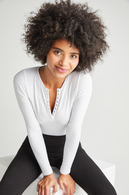 Katrina Henley Long Sleeve Thong Bodysuit - Cotton Rib