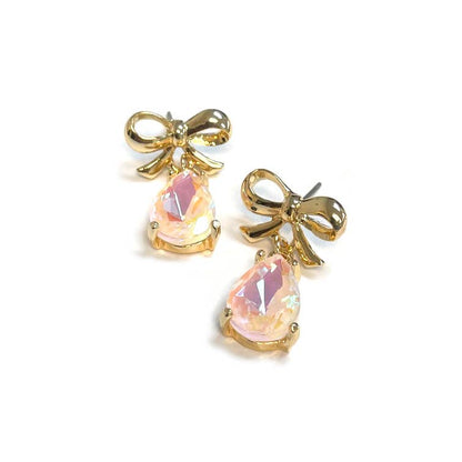 Gold Top Bow w/ Teardrop Glass Dangle Earrings