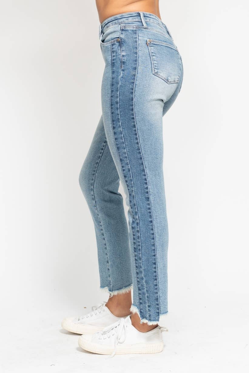 The Side Hustle Straight vintage-wash jeans with side panel detailing and hi-lo fray hem, slim fit.