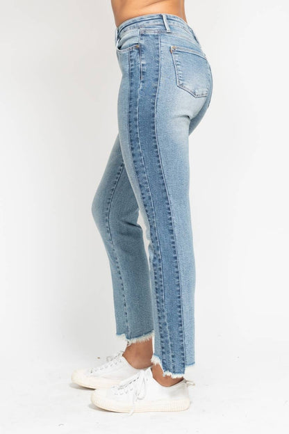 The Side Hustle Straight vintage-wash jeans with side panel detailing and hi-lo fray hem, slim fit.