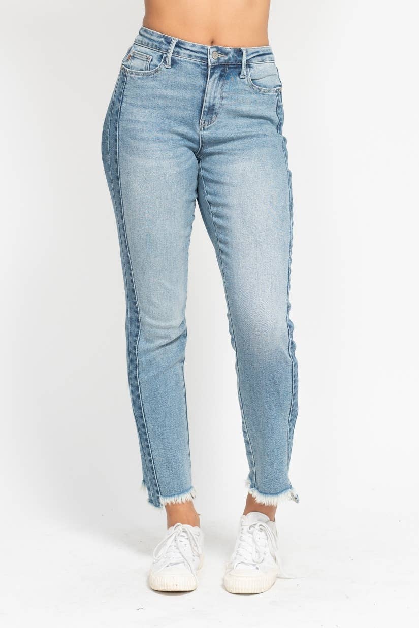 The Side Hustle Straight jeans in vintage wash with side panel detail and frayed hi-lo hem.