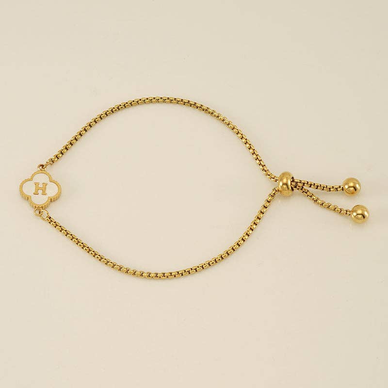 Initial Letter Four Leaf Clover Bracelet in Stainless Steel