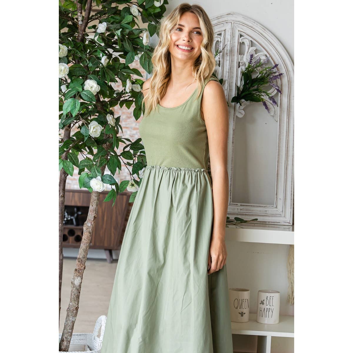 Ribbed knit top and Parachute Skirt Long Dress