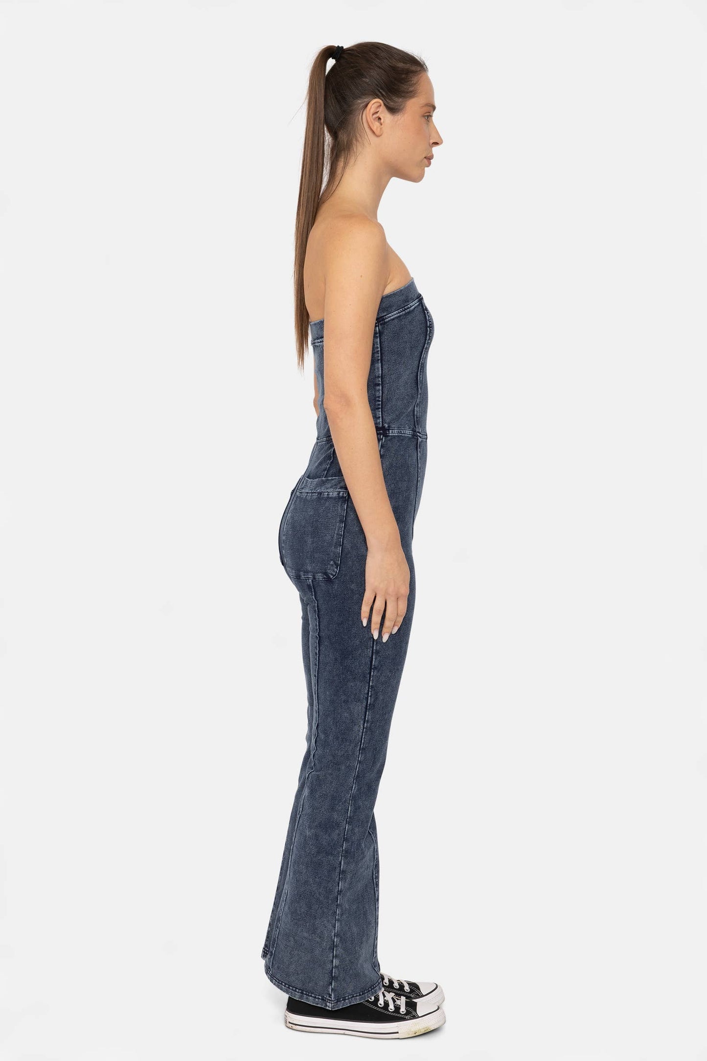 Denim Strapless Flared Jumpsuit