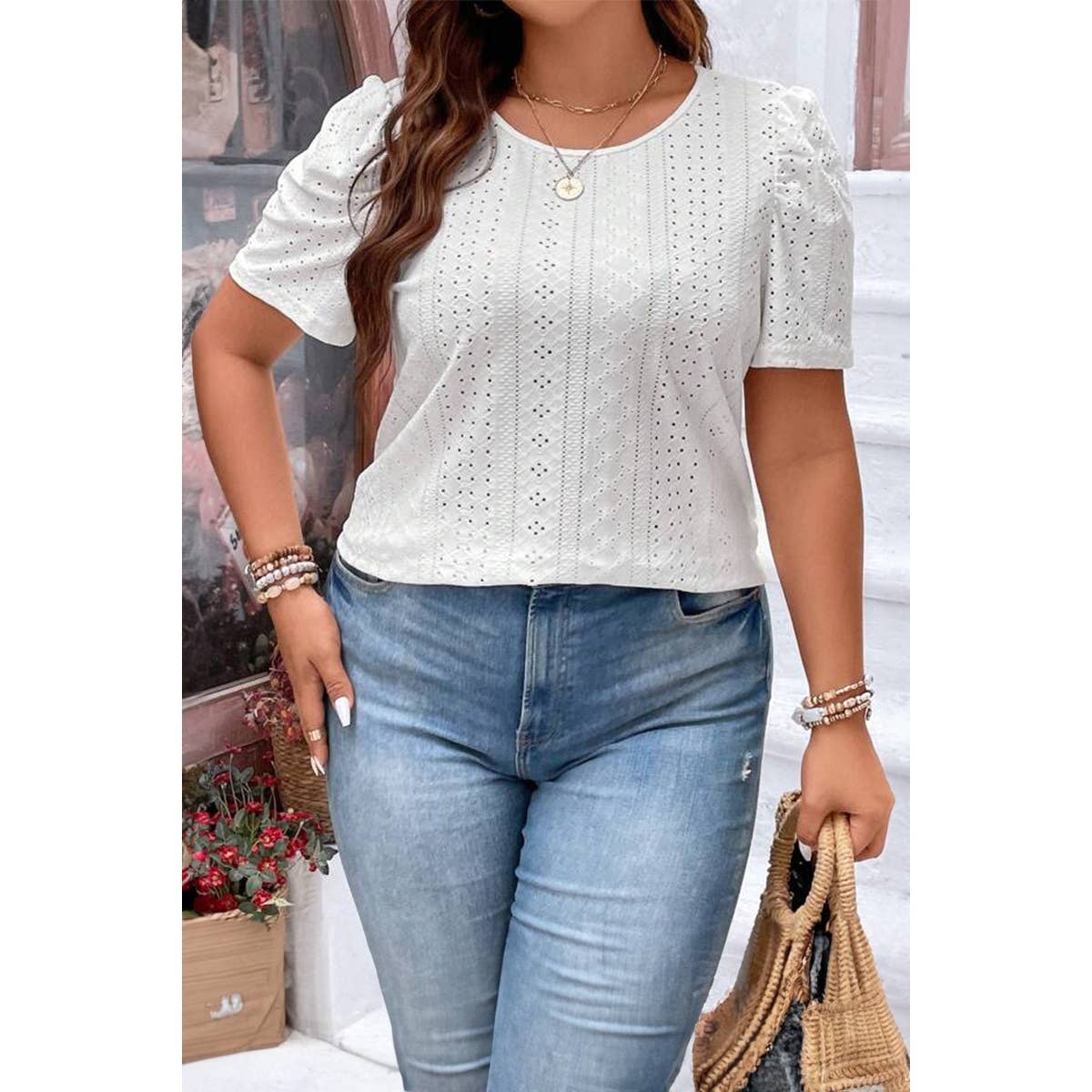 Curvy Puff Sleeve Eyelet Blouse