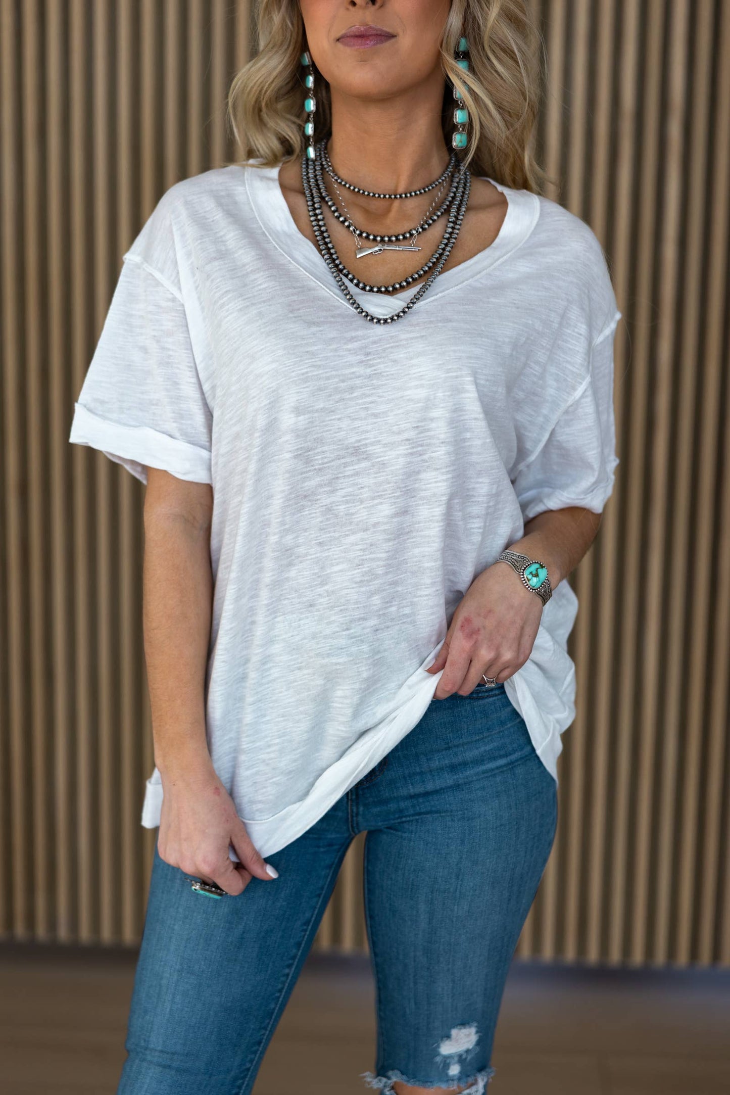 Raw Edge Detail Cotton V Neck Top
