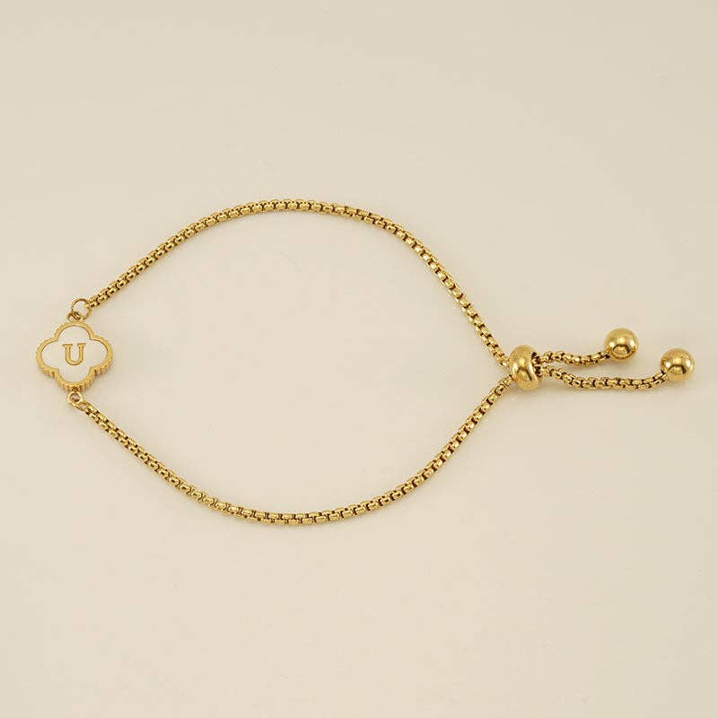 Initial Letter Four Leaf Clover Bracelet in Stainless Steel