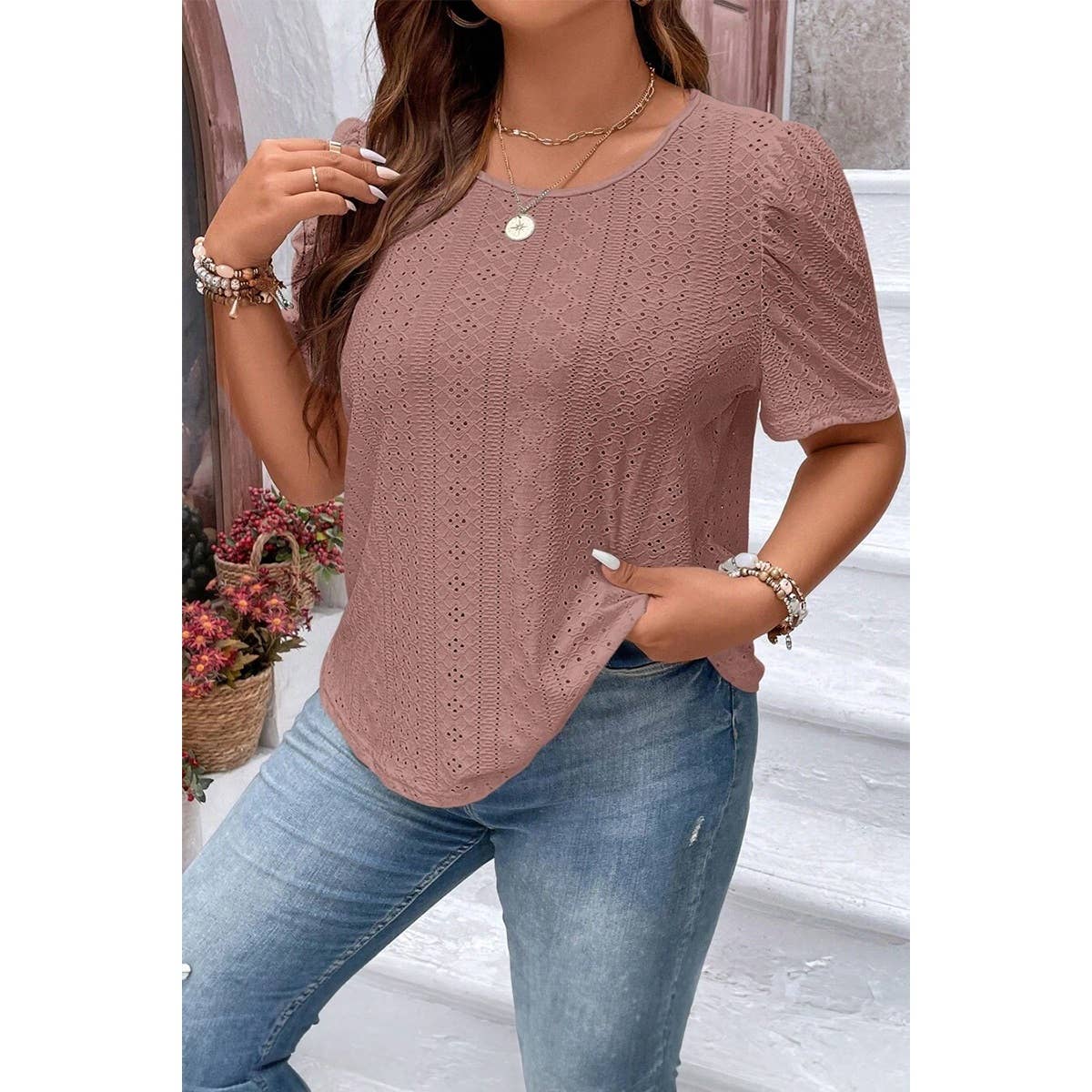 Curvy Puff Sleeve Eyelet Blouse