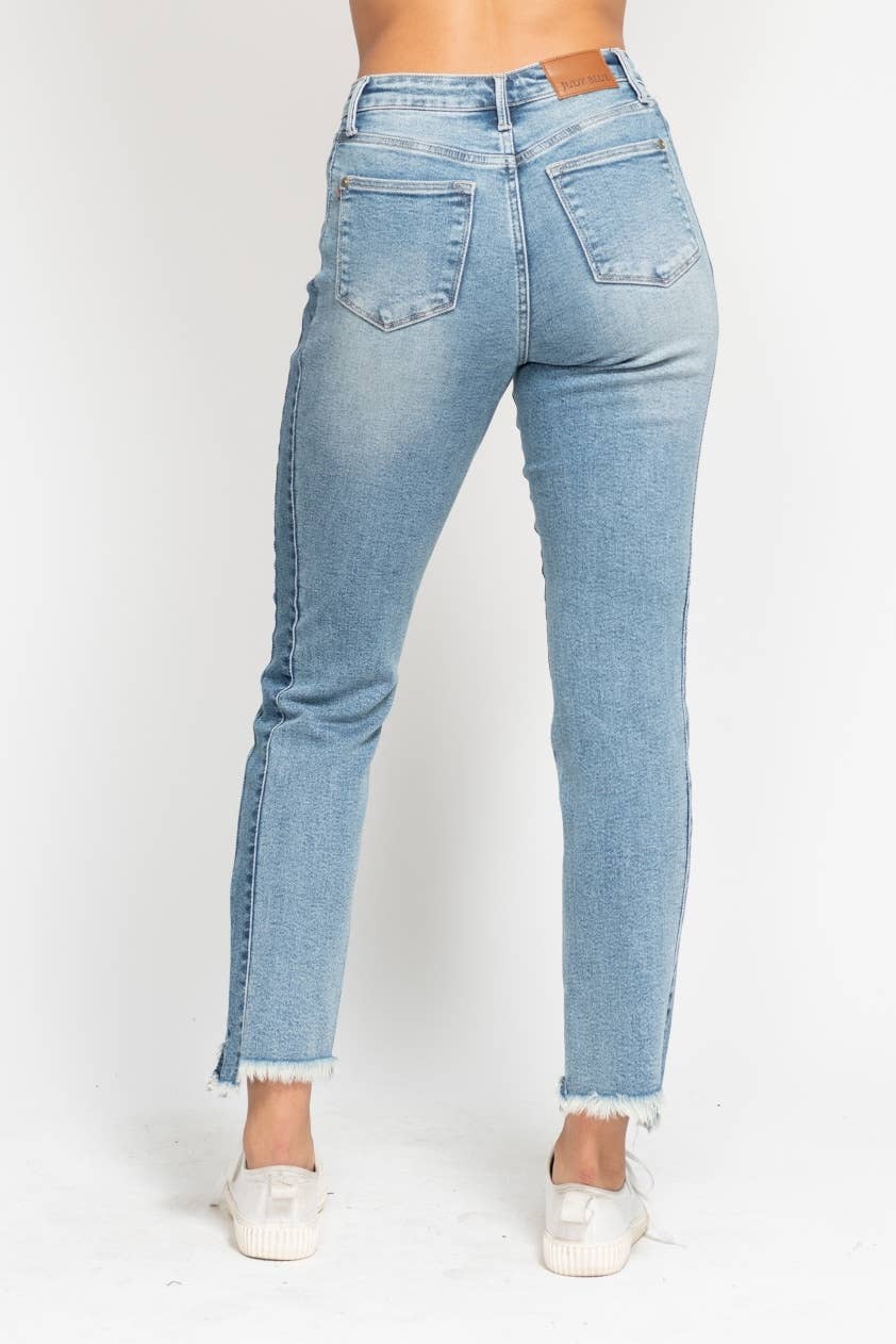 The Side Hustle Straight jeans in HW Vintage Wash with side panel detail and hi-lo fray hem, back view
