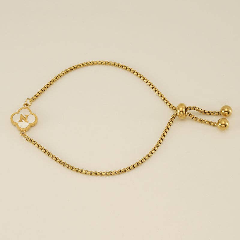 Initial Letter Four Leaf Clover Bracelet in Stainless Steel