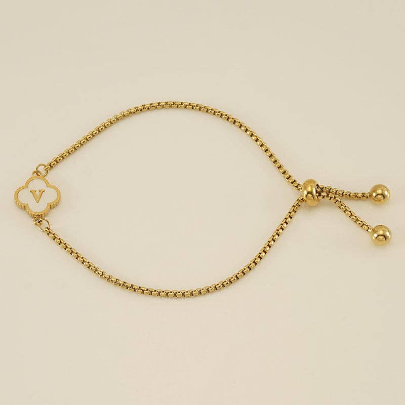 Initial Letter Four Leaf Clover Bracelet in Stainless Steel