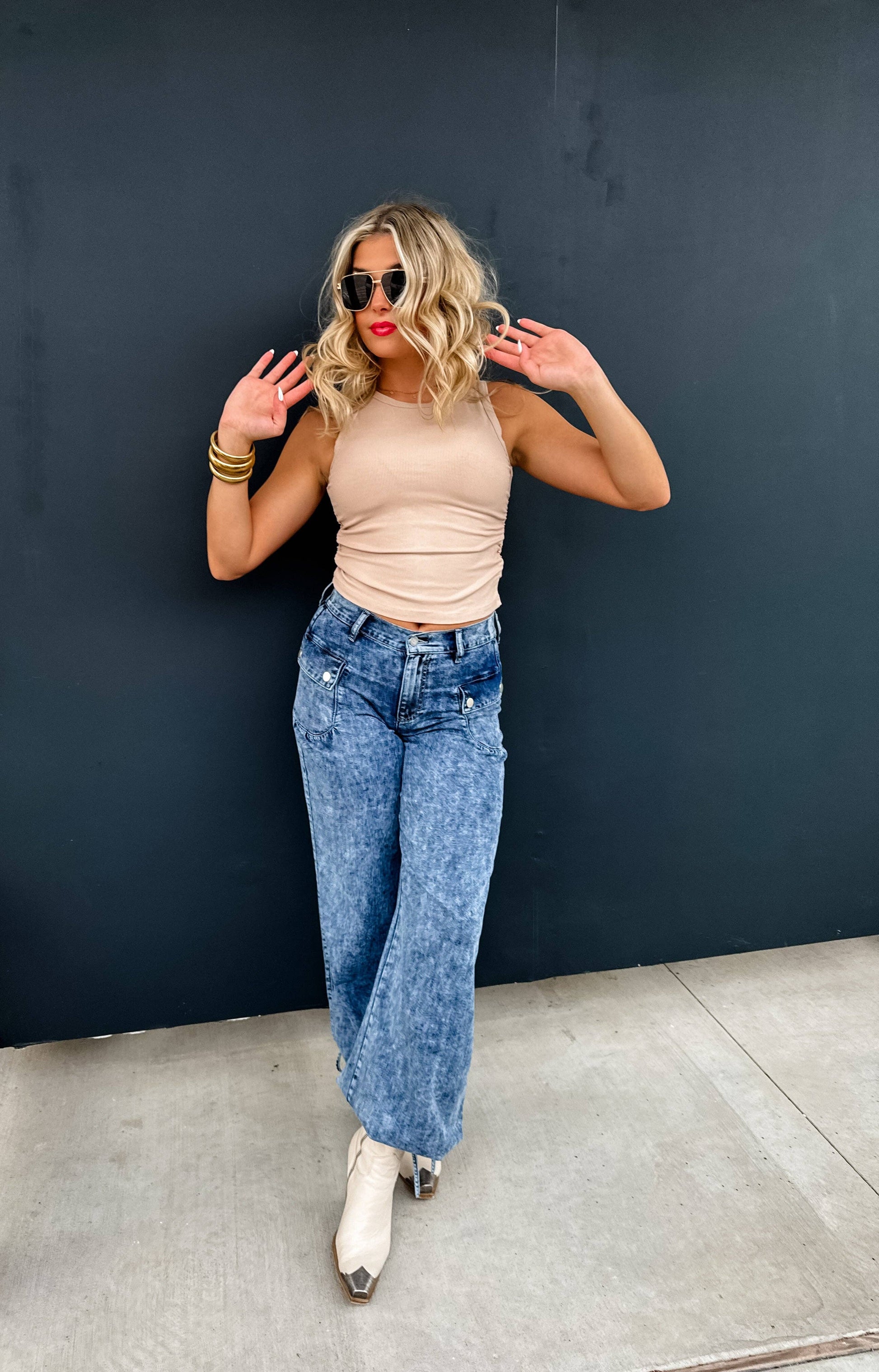 Charlie Cinch Hem Wide Leg Jeans worn as wide-leg or cinched jogger, elastic waist, front pockets.